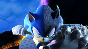 Official render of Sonic and the Werehog, in front of the NA box-art background.